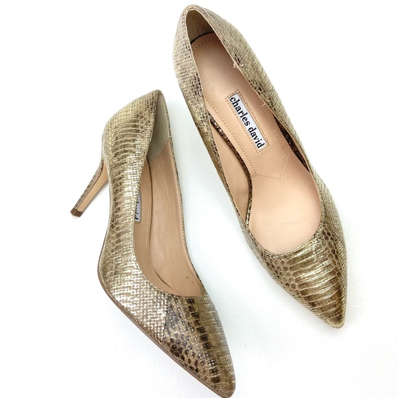 NEW Charles David Vibe Pointed Toe Pump In Truffle Gold Snake Print Size 7 - Picture 2 of 9